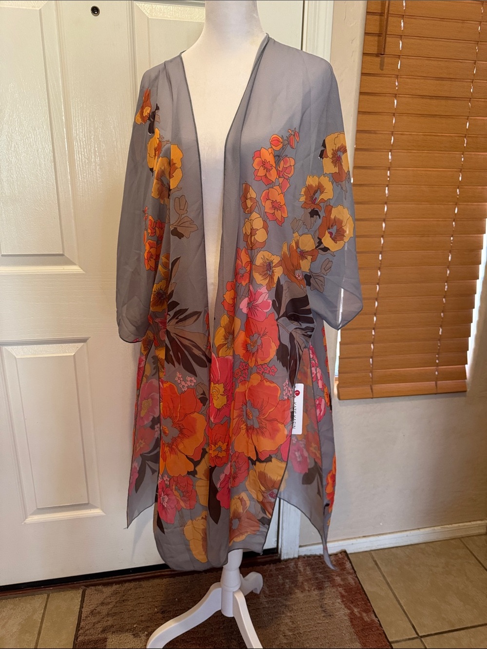 Floral Chiffon Kimono Cape with Orange & Pink Blooms